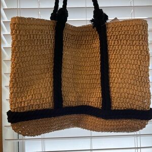 Neutral Straw Tote with Black Rope Trim